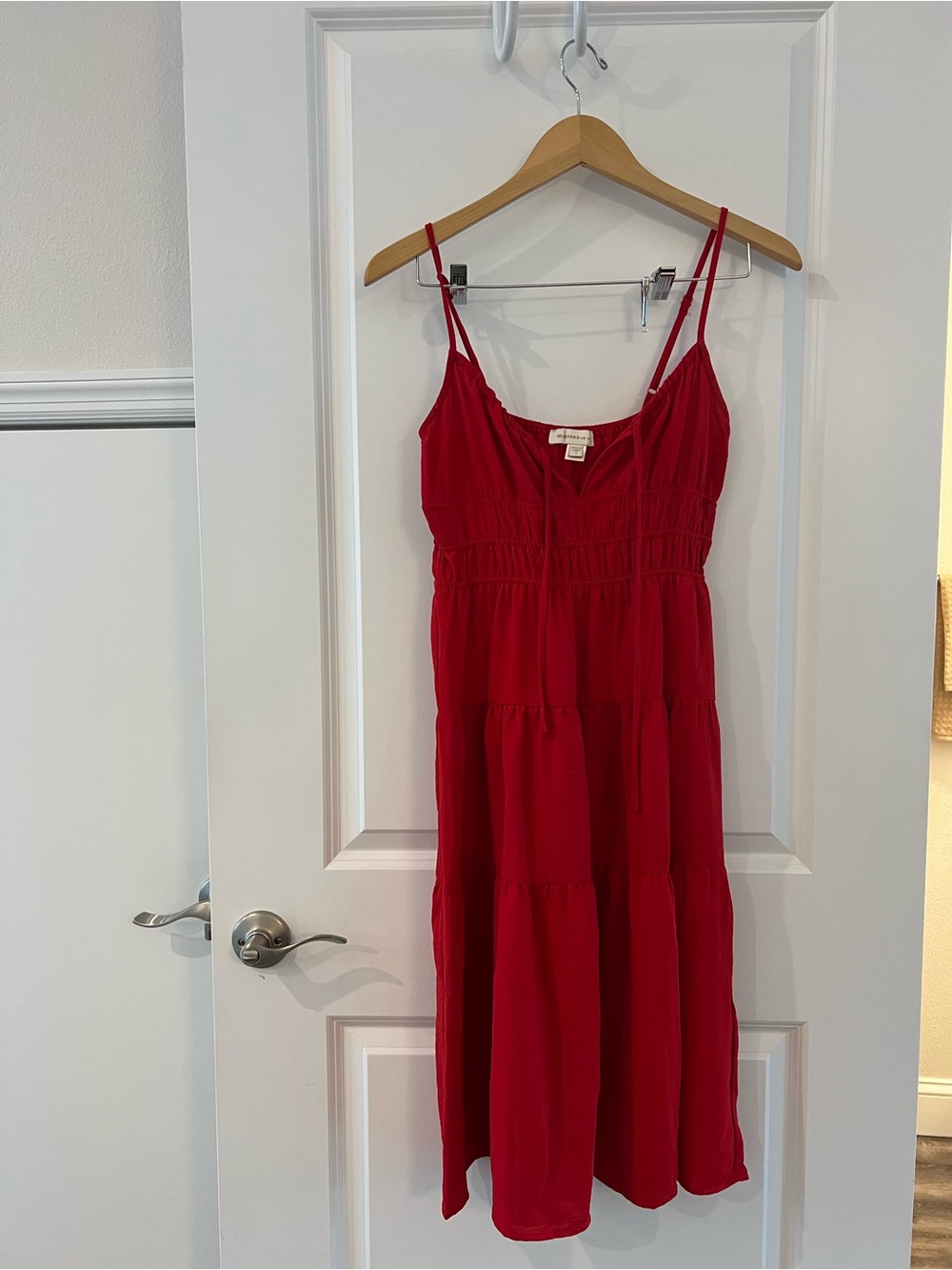 Red Spaghetti-Strap Tiered Midi Dress